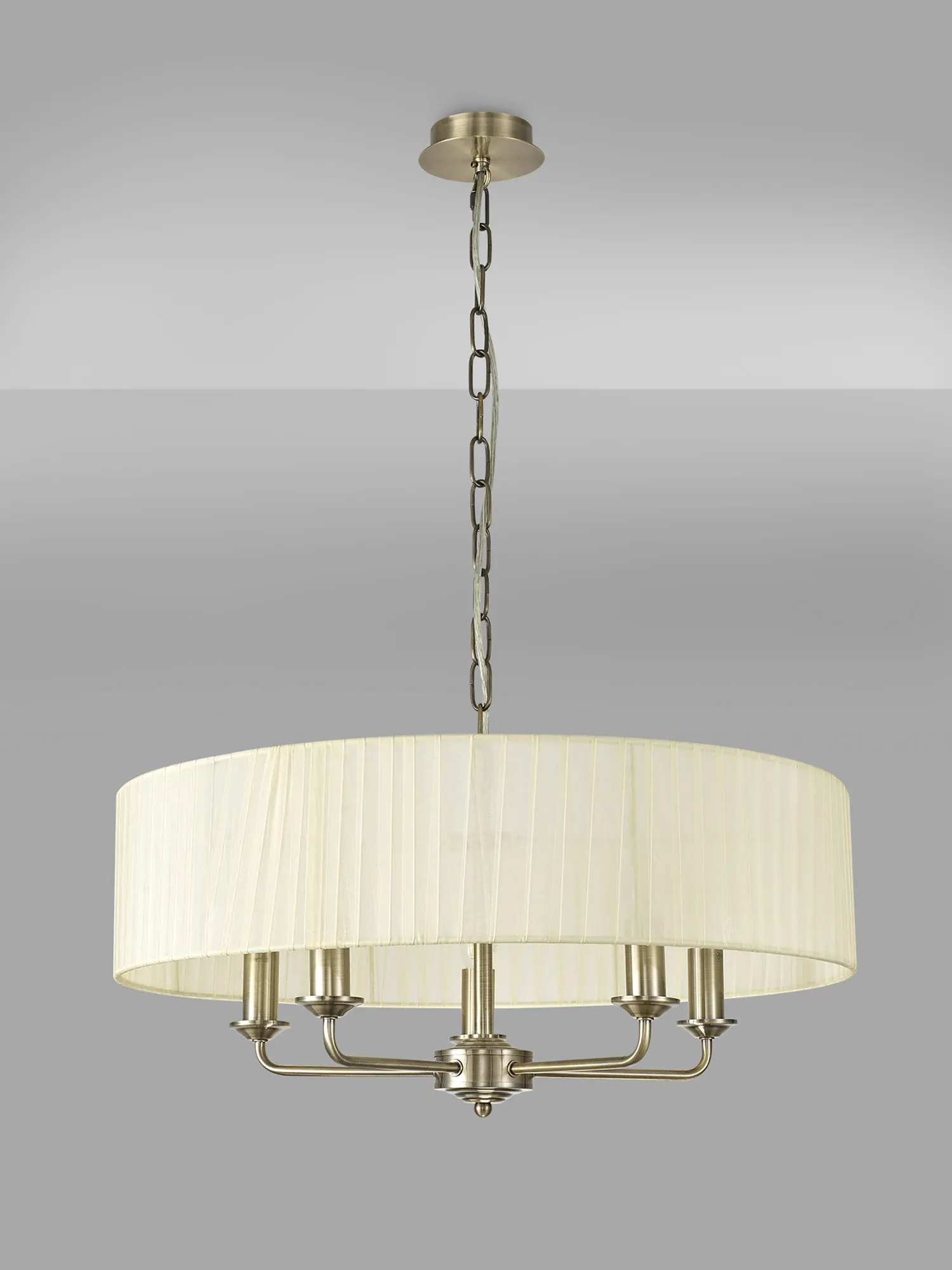 Banyan 5 Light Multi Arm Pendant With 60cm x 15cm Organza Shade Antique Brass/Cream DK0866  Deco Banyan AB CR